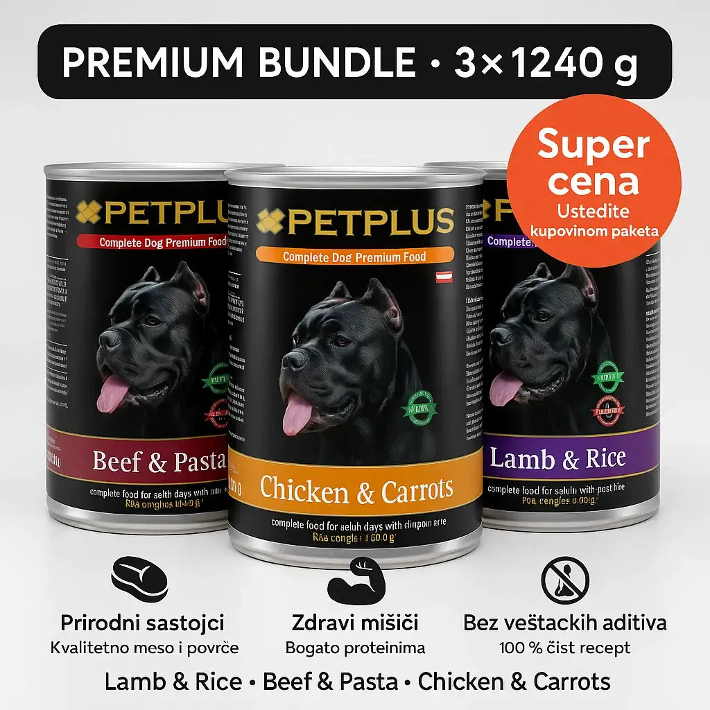 PetPlus Premium 3x1240g set od tri ukusa – kompletna hrana za pse sa piletinom, jagnjetinom i govedinom u sosu
