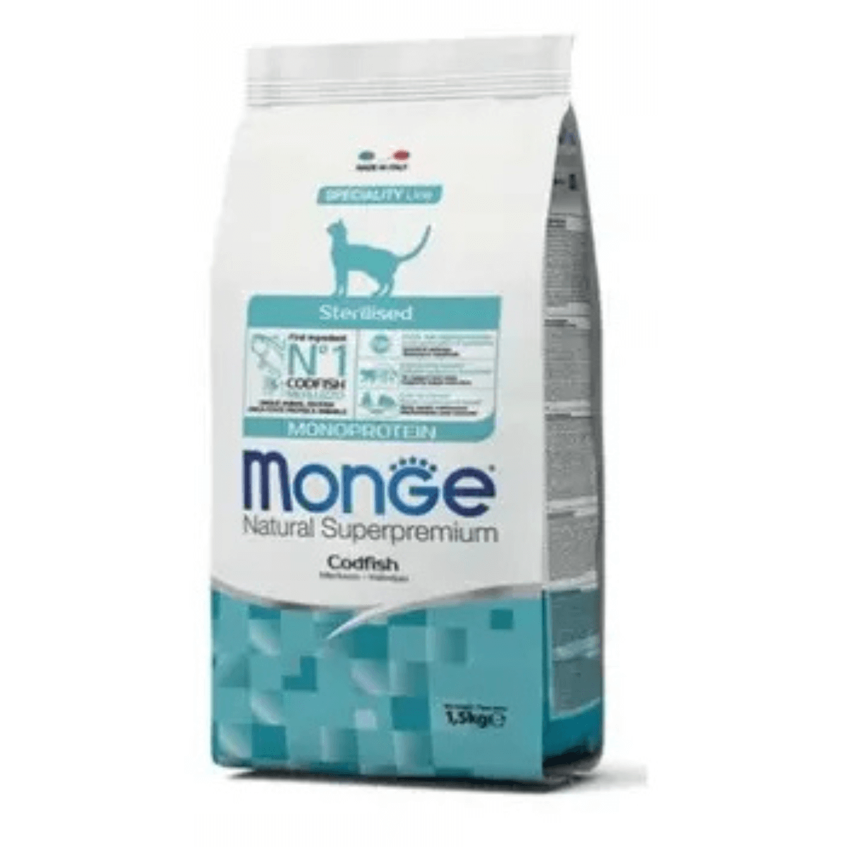 Pakovanje Monge Natural Superpremium Monoprotein Sterilised bakalar mačje hrane. 1.5kg