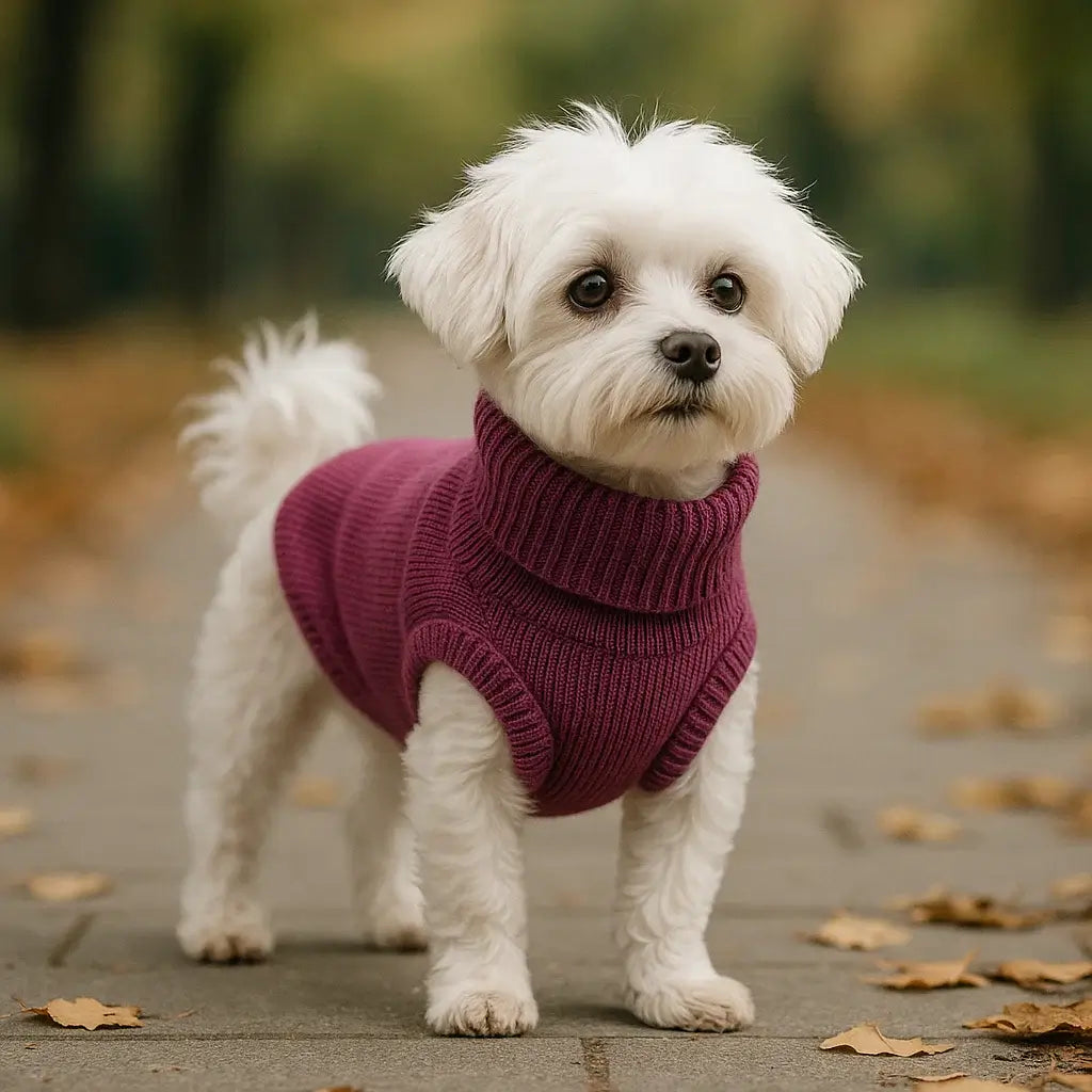 Mali pas u roze pletenom džemperu za pse sa rolkom