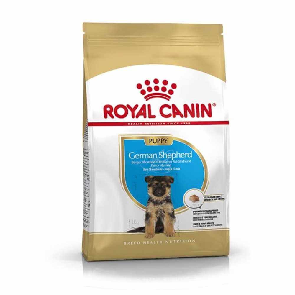 Royal Canin German Shepherd Puppy dog food bag for German Shepherd puppies up to 15 months old.