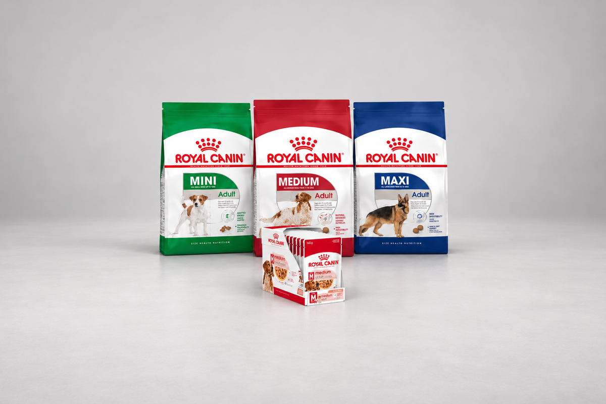 Royal Canin Mini Adult, Medium Adult i Maxi Adult suva hrana za pse, uz kutiju Medium Adult vlažne hrane sa 10 kesica od 140 g.