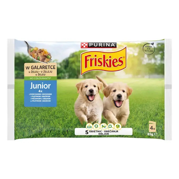 FRISKIES Junior – piletina i grašak u želeu 12×4x85 g, kompletna hrana za štence