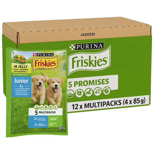 FRISKIES Junior – piletina i grašak u želeu 12×4x85 g, kompletna hrana za štence