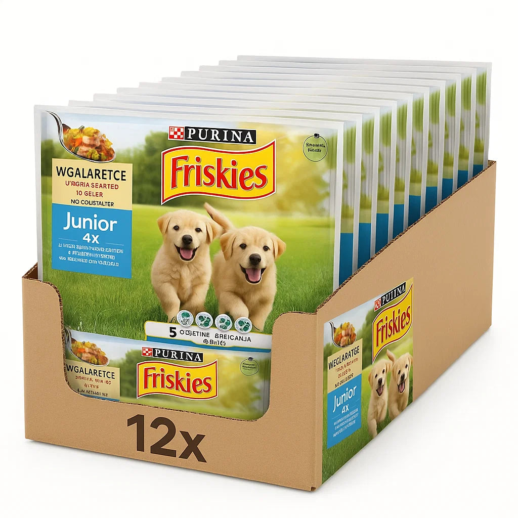 FRISKIES Junior – piletina i grašak u želeu 12×4x85 g, kompletna hrana za štence