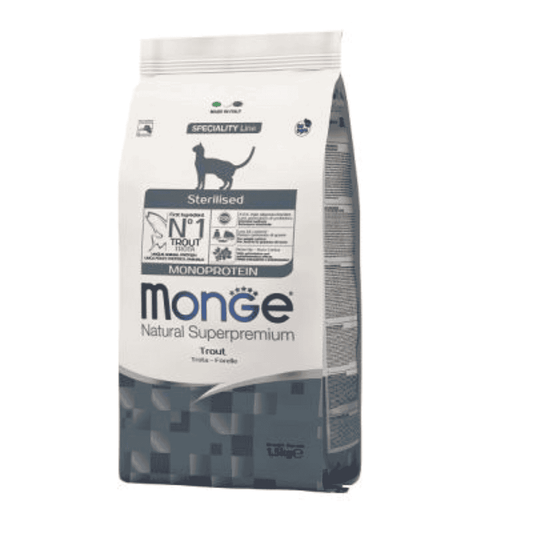 Pakovanje Monge Natural Superpremium Sterilised Monoprotein Trout mačje hrane.