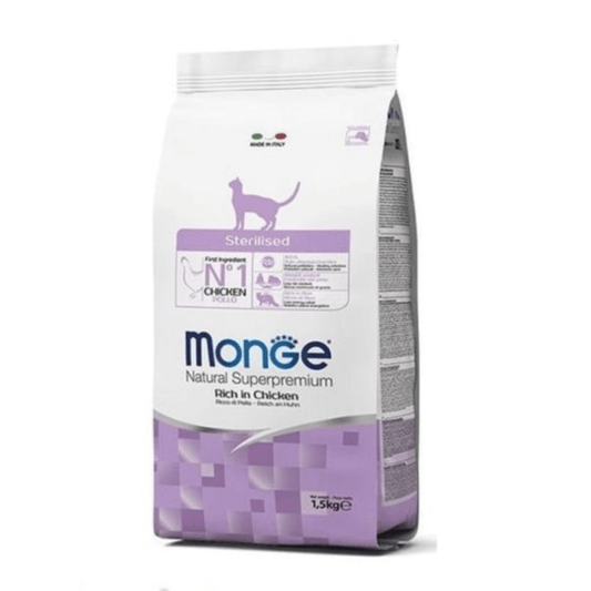 Pakovanje Monge Natural Superpremium Sterilised mačje hrane sa piletinom.

