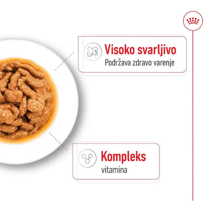 Royal Canin Mini Adult vlažna hrana – zalogaji u prelivu; visoko svarljivo, podržava zdravo varenje i kompleks vitamina.