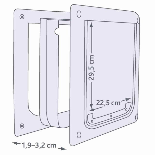 Trixie vrata za pse dvosmerna S–M bela 30x36 cm, dimenzije 29,5x22,5 cm.